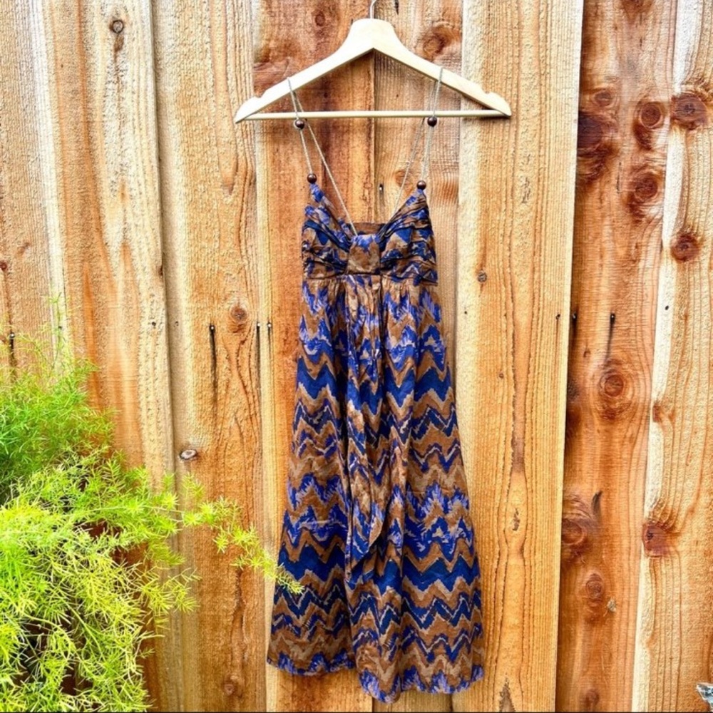 Vintage Brown and Blue Bohemian Beaded Crossback Dress 🌿